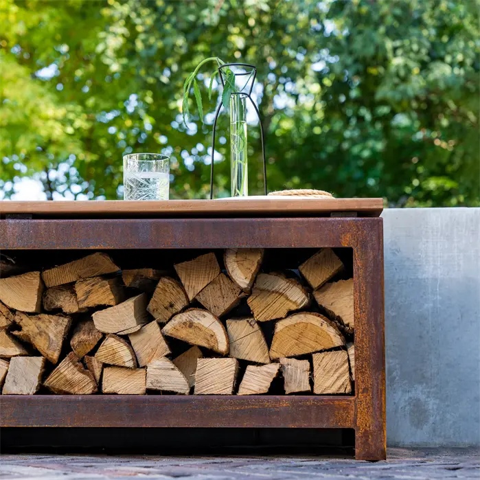 holz aufbewahrung bank FORNO – Holzaufbewahrung/Bank aus Cor-Ten-Stahl mit Sitzfläche aus Har – TRIPODbbq by Basale